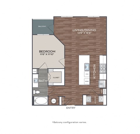 Floor plan for 1 bed, 1 bath, 863 sqft